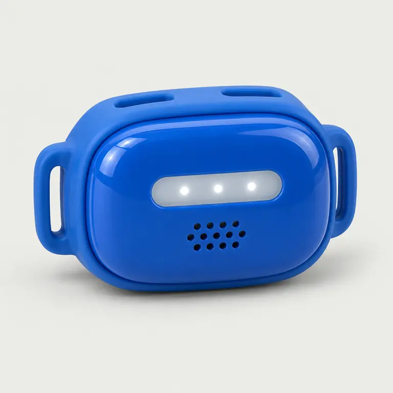 Traceur GPS 4G BALISE, boîtier bleu dans son attache silicone, présenté seul
